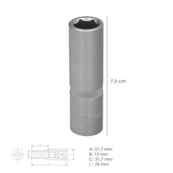 Llave Vaso 1/2" Hexagonal Larga 15 mm, Perfil de 6 caras, Acero Cromo Vanadio, Aristas Redondas