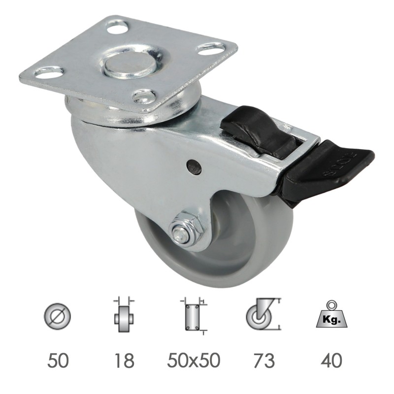 Rueda Domestica Ø 50 mm, Con Placa 50x50 mm, Con Freno