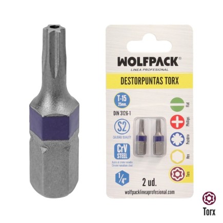Puntas Destornillador Torx 15 Inviolable (2 Piezas), Acero S2 al Cromo Vanadio, Puntas Hexagonales, Destorpuntas,