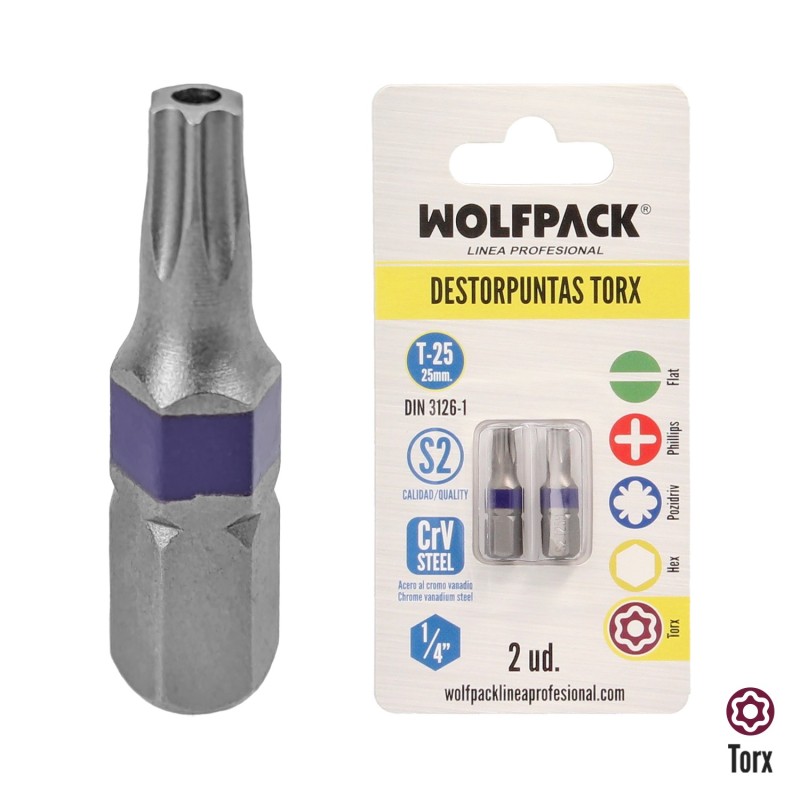 Puntas Destornillador Torx 25 Inviolable (2 Piezas), Acero S2 al Cromo Vanadio, Puntas Hexagonales, Destorpuntas,
