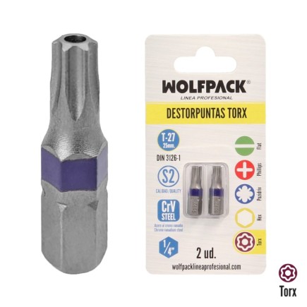 Puntas Destornillador Torx 27 Inviolable (2 Piezas), Acero S2 al Cromo Vanadio, Puntas Hexagonales, Destorpuntas,