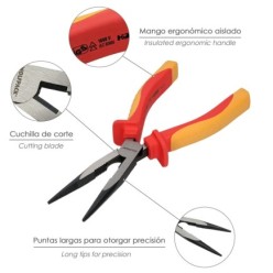 Alicates Boca Recta 200 mm, Mangos Aislados Acero Cromo Vanadio Pelacables, Corta Cables, Pelador Cables