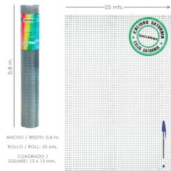 Malla Electrosoldada Galvanizada 13x13 / 80 cm, Rollo 25 Metros Uso Domestico