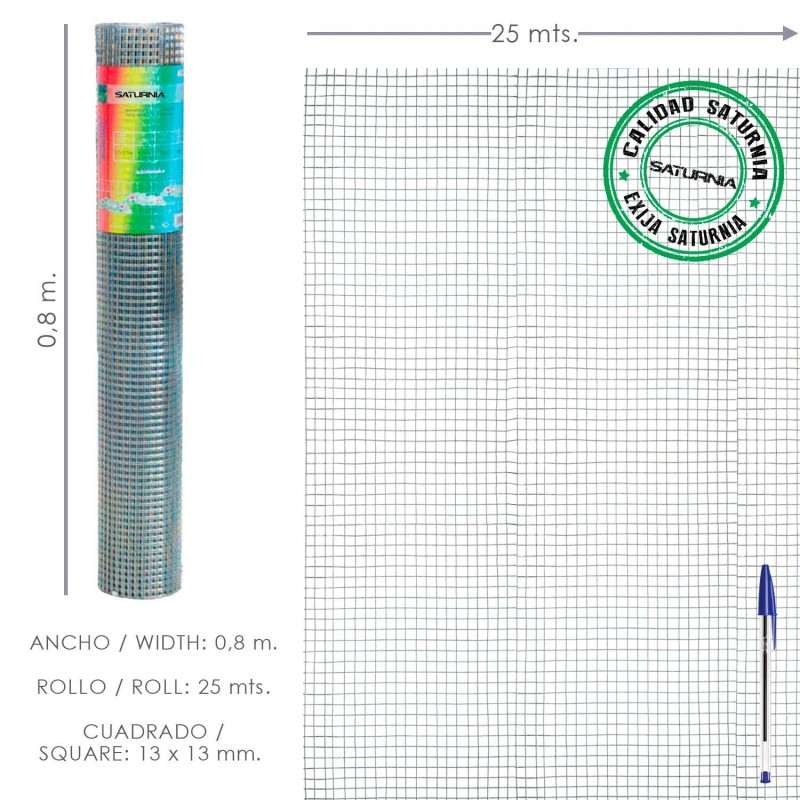 Malla Electrosoldada Galvanizada 13x13 / 80 cm, Rollo 25 Metros Uso Domestico