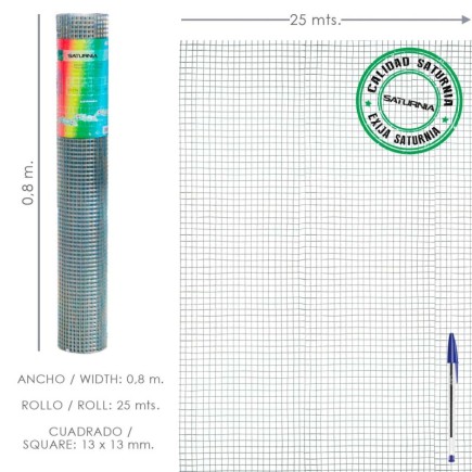 Malla Electrosoldada Galvanizada 13x13 / 80 cm, Rollo 25 Metros Uso Domestico