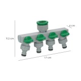 Adaptador Manguera Plastico 3/4" - 1"  4 Vias, Distribuidor 4 vias, Divisor Manguera, Ajuste Independiente, Tomas 1/2+Adaptador 
