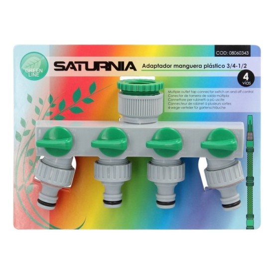 Adaptador Manguera Plastico 3/4" - 1"  4 Vias, Distribuidor 4 vias, Divisor Manguera, Ajuste Independiente, Tomas 1/2+Adaptador 