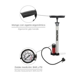 Bomba Inflar Bicicleta Con Manometro, Doble Boquilla Valvula Presta y Schrader, Con Adaptadores, Ø 32 x 500 mm, 10 BAR / 160 PSI