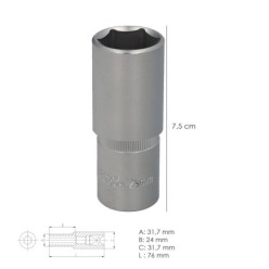Llave Vaso 1/2" Hexagonal Larga 24 mm, Perfil de 6 caras, Acero Cromo Vanadio, Aristas Redondas