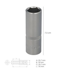 Llave Vaso 1/2" Hexagonal Larga 19 mm, Perfil de 6 caras, Acero Cromo Vanadio, Aristas Redondas