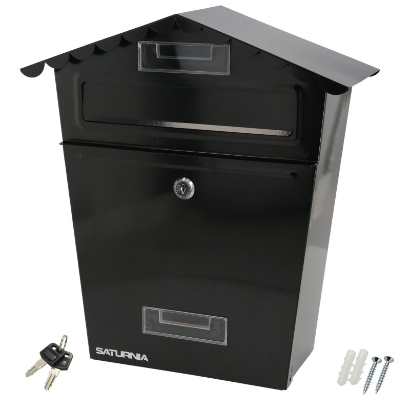 Buzon Exteriores House Negro 330 x 125 x 365 (Alt,) mm, Con Tejado, Acero Pintado, Buzon Pared, Buzon Cartas, Buzon Correos