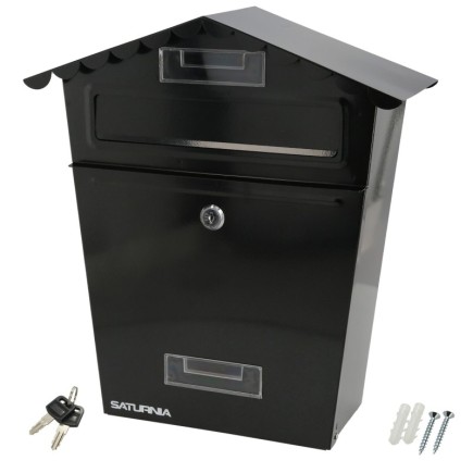 Buzon Exteriores House Negro 330 x 125 x 365 (Alt,) mm, Con Tejado, Acero Pintado, Buzon Pared, Buzon Cartas, Buzon Correos