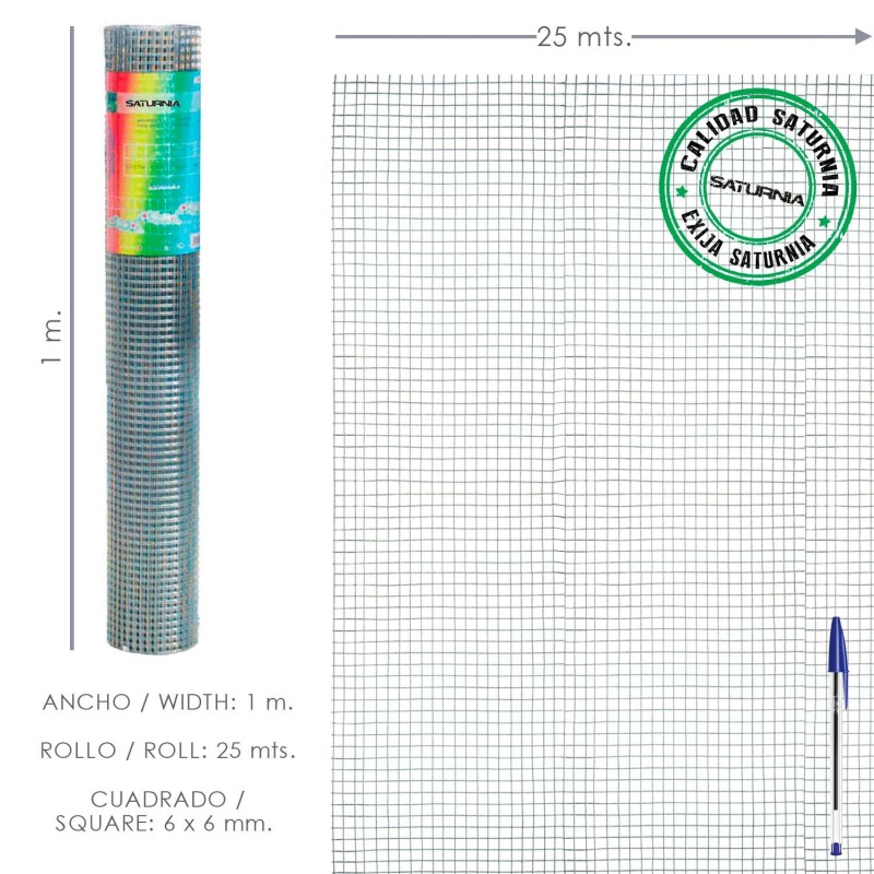 Malla Electrosoldada Galvanizada 6x6 / 100 cm, rollo 25 Metros Uso Domestico
