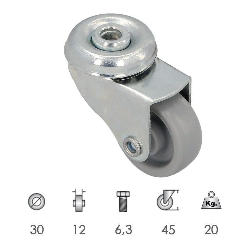 Rueda Domestica Ø 30 mm, Agujero Pasante Ø 6,3 mm,