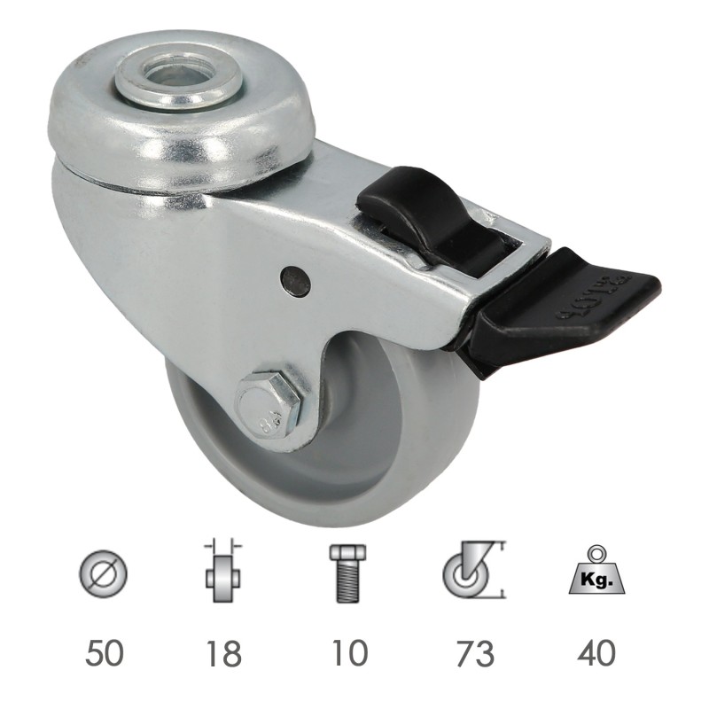 Rueda Domestica Ø 50 mm, Agujero Pasante Ø 10 mm, Con Freno