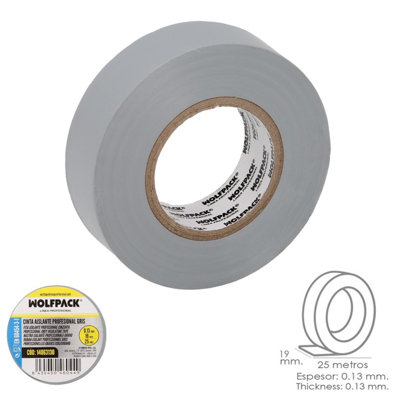 Cinta Aislante Profesional Gris Espesor 0,13 mm, Ancho 19 mm, Rollo 25 Metros Cinta Electricista, Cinta Aislante Cables