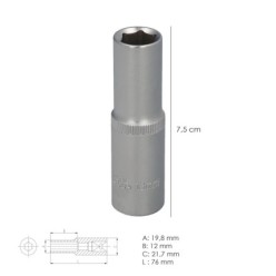 Llave Vaso 1/2" Hexagonal Larga 13 mm, Perfil de 6 caras, Acero Cromo Vanadio, Aristas Redondas