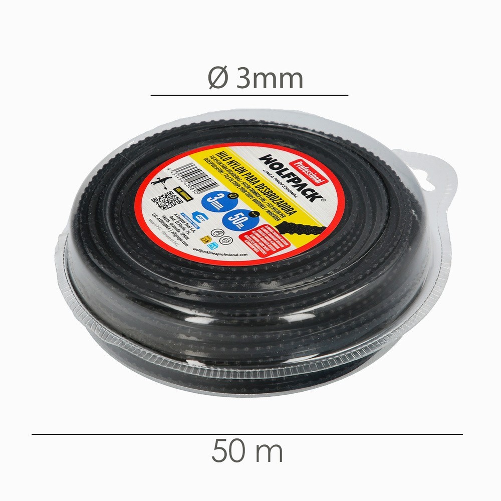 Hilo Nylon Desbrozadoras Cuadrado Dentado Profesional Ø 3,0 mm, Rollo 50 metros, Hilo Nylon Corte Desbrozadores Hierba, al por M