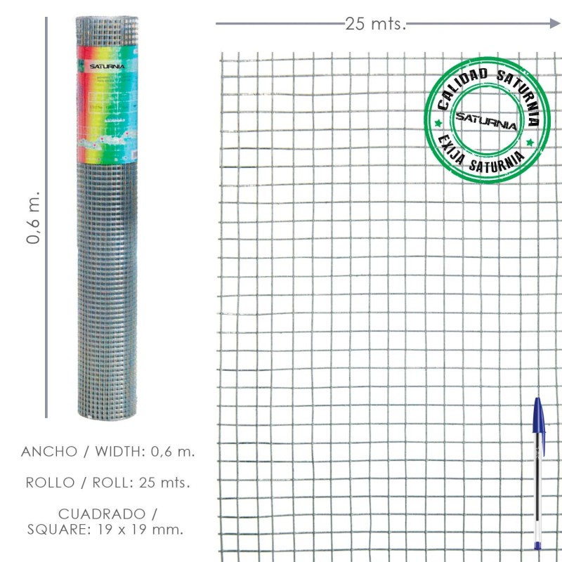 Malla Electrosoldada Galvanizada 19x19 / 60 cm, rollo 25 Metros Uso Domestico