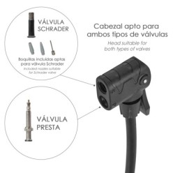 Bomba Aire Pie / Pedal Con Manometro 6  Bares Cuerpo Acero, Valvulas SCHRADER y PRESTA con Adaptadores, Bomba Bicicletas, Motos