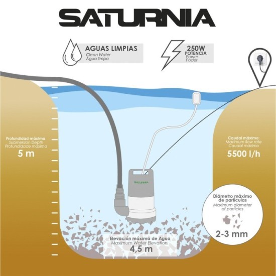 Bomba Aguas Limpias Sumergible 250 Watt, 5,500 lts/hora, Profundidad 5 Mts, Elevación 4,5 mts, Particulas max, Ø 2-3 mm, al por 