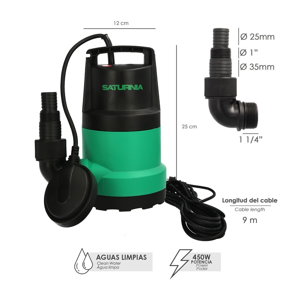 Bomba Aguas Limpias Sumergible 450W, 8,000 lts/hora, Profundidad 5 Mts, Elevación 5,5 mts, al por Mayor | Almacén de Ferretería