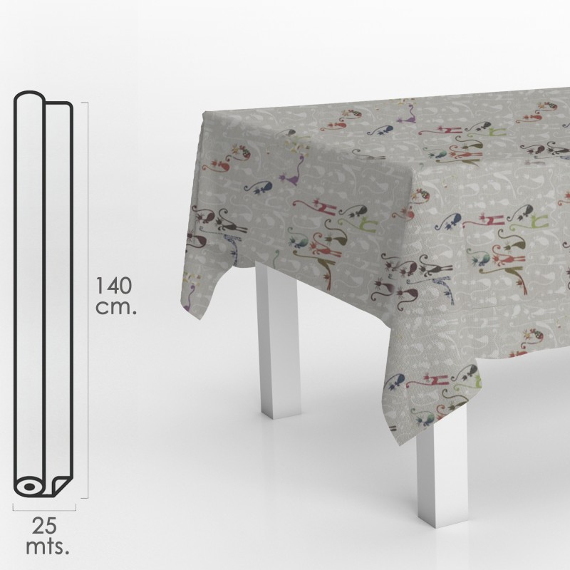 Mantel Hule Rollo Modelo Cats Impermeable Antimanchas PVC 140 cm, x 25 metros, Rollo Recortable, Interior y Exterior
