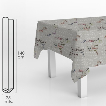 Mantel Hule Rollo Modelo Cats Impermeable Antimanchas PVC 140 cm, x 25 metros, Rollo Recortable, Interior y Exterior