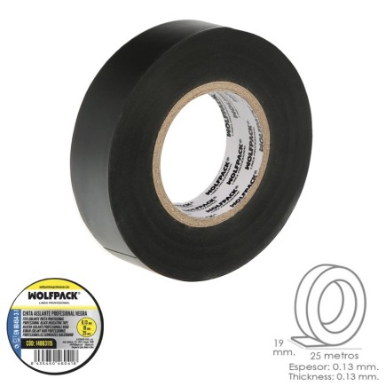 Cinta Aislante Profesional Negra Espesor 0,13 mm, Ancho 19 mm, Rollo 25 Metros Cinta Electricista, Cinta Aislante Cables