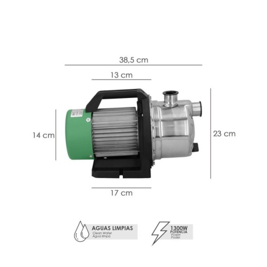 Bomba Aguas Limpias Superficie Acero Inoxidable 1,300 W, 5,000 lts/hora, Profundidad 8 Mts Elevación 50 mts, Presion Max: 5 Bar 