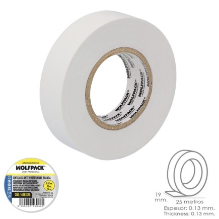Cinta Aislante Profesional Blanca Espesor 0,13 mm, Ancho 19 mm, Rollo 25 Metros Cinta Electricista, Cinta Aislante Cables