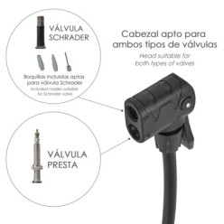 Bomba Inflar Bicicleta Con Manometro, Doble Boquilla Valvula Presta y Schrader, Con Adaptadores, Ø 32 x 500 mm, 10 BAR / 160 PSI