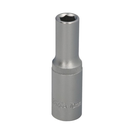 Llave Vaso 1/2" Hexagonal Larga 10 mm, Perfil de 6 caras, Acero Cromo Vanadio, Aristas Redondas