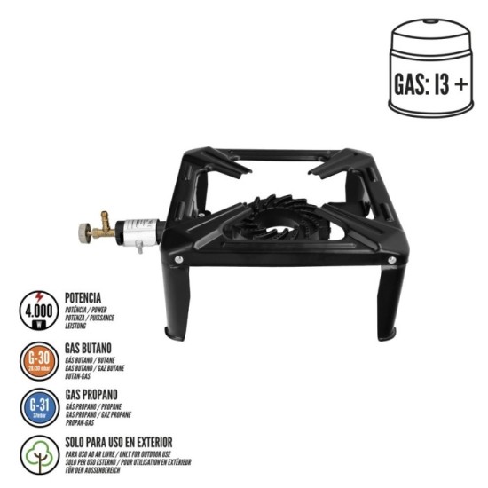 Hornillo Gas 4 Pies 30x30 cm, Potencia 4,000 Watts, al por Mayor | Almacén de Ferretería