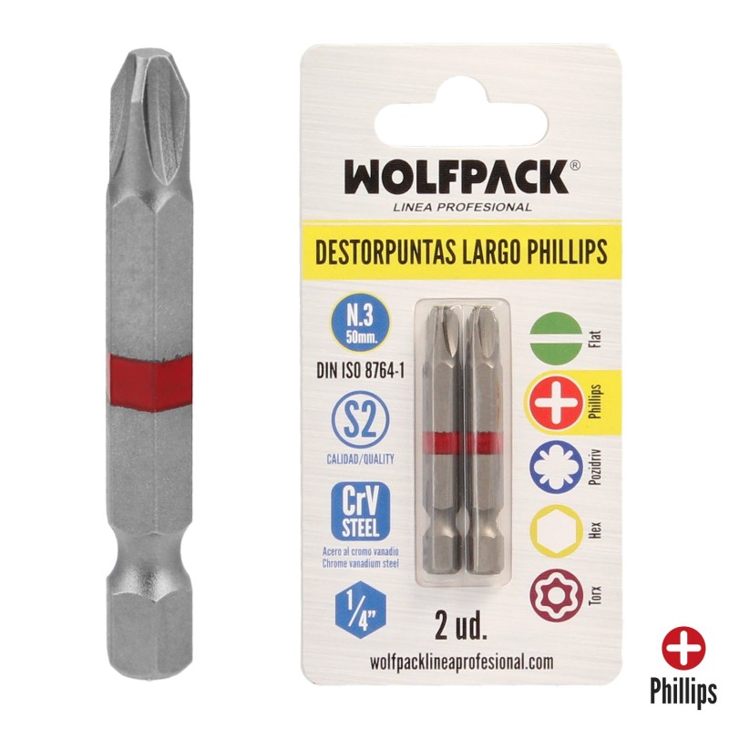 Puntas Largas Destornillador Phillips Nº 3 (2 Piezas), Acero S2 al Cromo Vanadio, Puntas Hexagonales, Destorpuntas,
