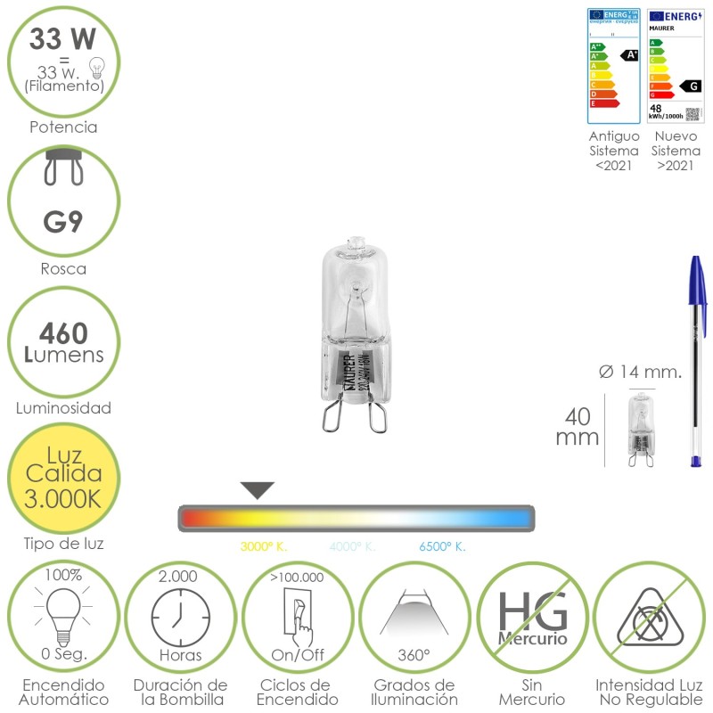 Bombilla Halogena G-9 33 W, 460 lumenes, Luz cálida (3,000ºK)