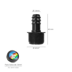 Union Rosca Macho 3/4" A Toma Para Tuberias Goteo Ø 16 mm, (Bolsa 100 uds) Riego Por Goteo, Microaspersión, Riego Nebulizacion