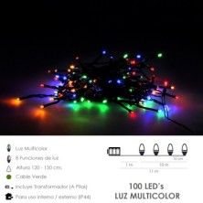 Guinalda Luces Navidad 100 Leds Color Multicolor, Luz navidad interiores y exteriores IP44, Funcina 3 Baterias AA (No incluidas)