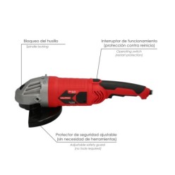 Amoladora Angular 2,400 Watt, Disco Ø 230 mm, 6,500 R,P,M, Mango 3 Posiciones Eje M14 Protector Disco Ajustable, Anti arranque