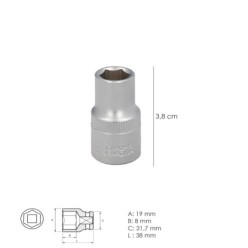 Llave Vaso 1/2" Hexagonal 13 mm, Perfil de 6 caras, Acero Cromo Vanadio, Aristas Redondas