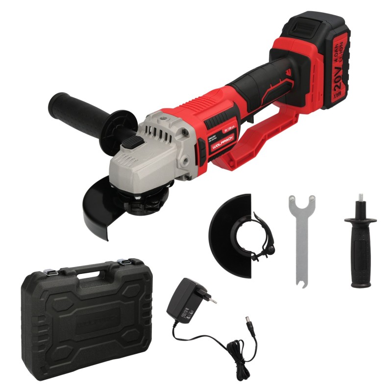 Amoladora A Bateria 20 Volt, Con Bateria 4,0 Ah, Ø 115 mm, 7,000 R,P,M, Mango 3 Posiciones Eje M14 Protector Disco Ajustable