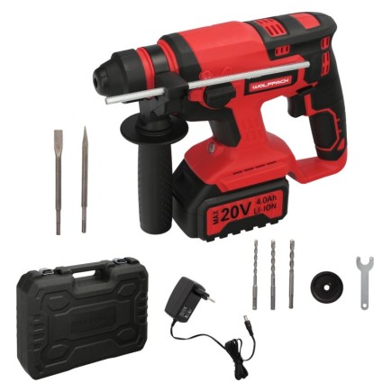 Martillo SDS PLUS A Bateria 20 Volt, Con Bateria 4,0 Ah, 1,400 R,P,M, 3 Funciones Cincelar, Perforar y Perforar con Martillo