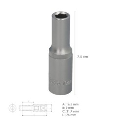 Llave Vaso 1/2" Hexagonal Larga 10 mm, Perfil de 6 caras, Acero Cromo Vanadio, Aristas Redondas