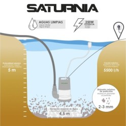 Bomba Aguas Limpias Sumergible 250 Watt, 5,500 lts/hora, Profundidad 5 Mts, Elevación 4,5 mts, Particulas max, Ø 2-3 mm,