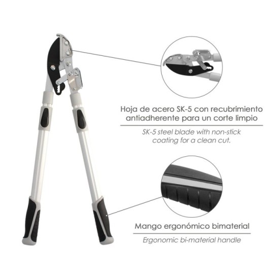 Tijeras Podar 2 Manos Yunque, Telescopica de 68 a 95 cm, Mango Aluminio Multiplicador Fuerza, Corte Ø 35 mm, Empuñadura TPR al p