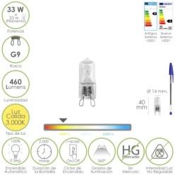 Bombilla Halogena G-9 33 W, 460 lumenes, Luz cálida (3,000ºK)