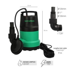 Bomba Aguas Limpias Sumergible 450W, 8,000 lts/hora, Profundidad 5 Mts, Elevación 5,5 mts,