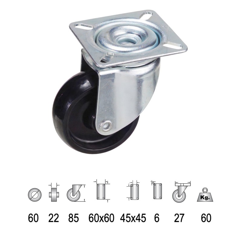 Rueda Domestica Poliamida Negra Placa 60 mm,