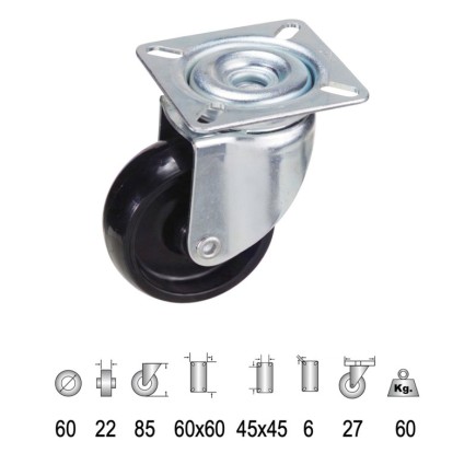 Rueda Domestica Poliamida Negra Placa 60 mm,