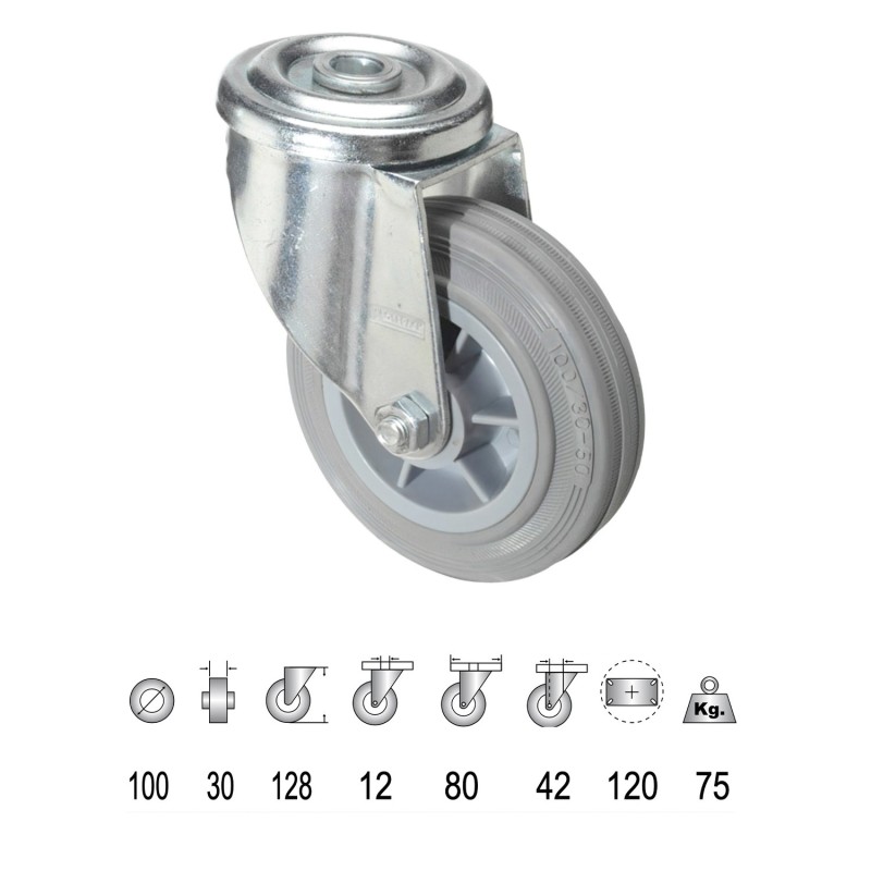 Rueda Industrial Goma Gris Pasante 100 mm,